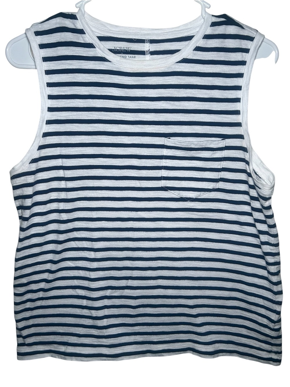 J. Crew Girlfriend Tank Navy White Striped Chest Pocket Light Fall Beachy Casual